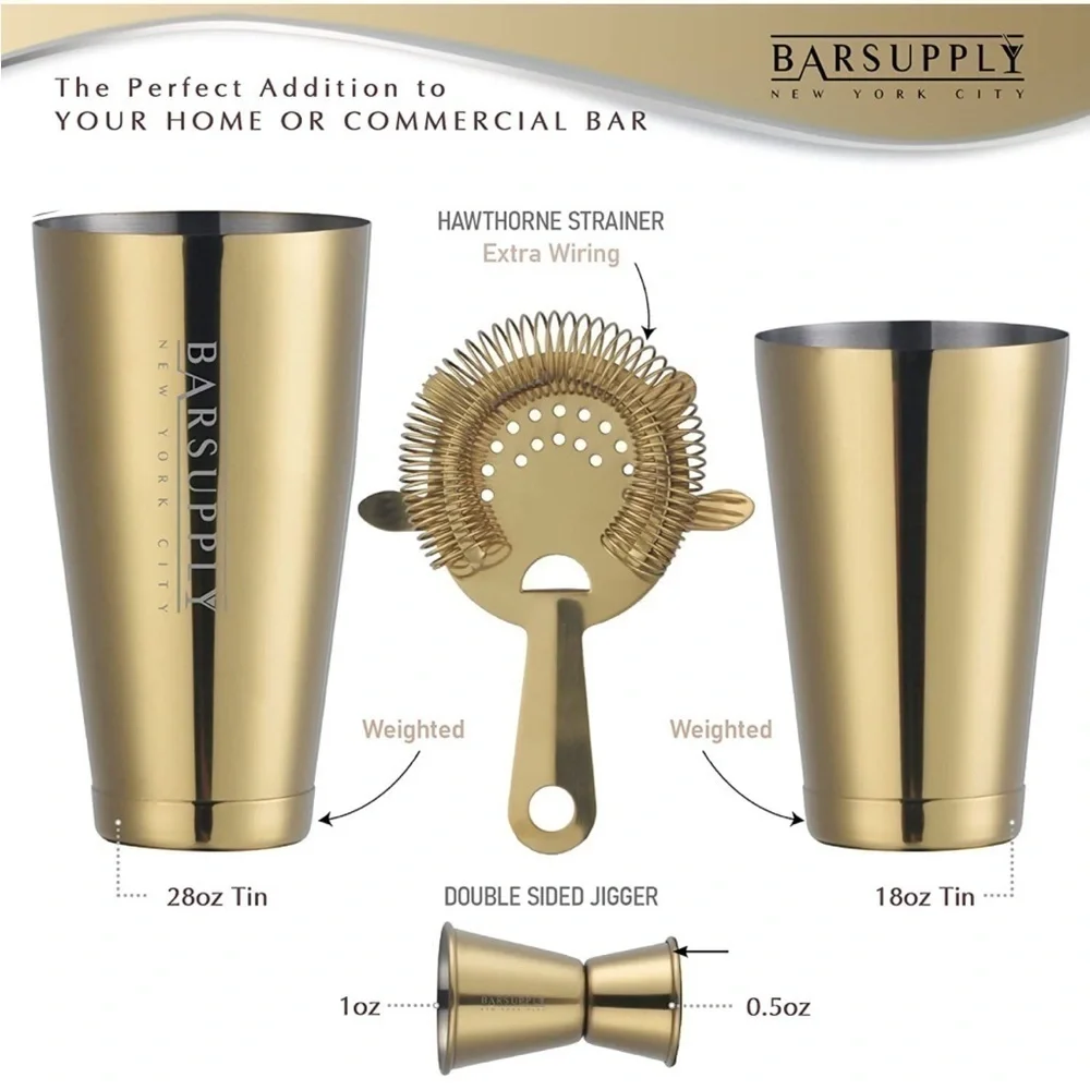 Brand New Professional Boston Cocktail Shaker Set 4-Piece Stainless Steel Gold